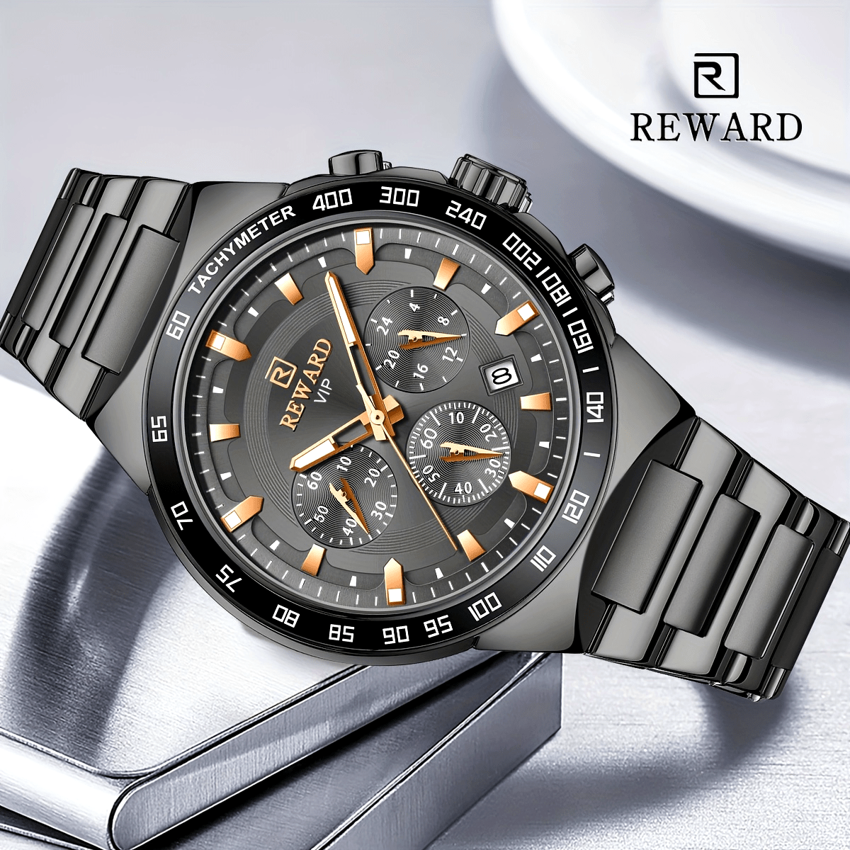 REWARD Black Quartz Watches For Men, Sport Chronograph Luminous Waterproof Wrist Watches