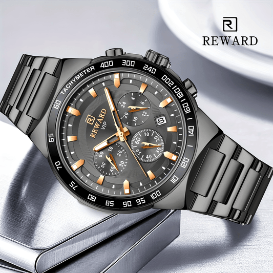 REWARD Black Quartz Watches For Men, Sport Chronograph Luminous Waterproof Wrist Watches