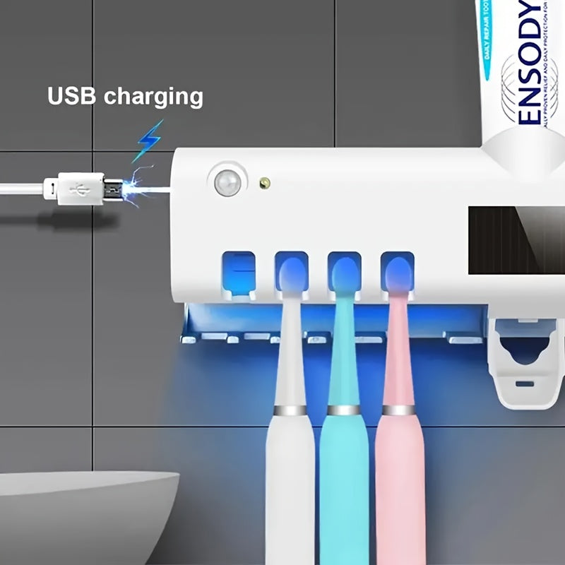 1pc Smart UV Disinfecting Toothbrush Holder with Solar Panel, Wall-Mounted 4-Slot Toothbrush Sanitizer and Squeegee Toothpaste Dispenser, Automatic Power-Off, Bathroom Accessory, No-Drill Installation, USB Rechargeable Lithiu