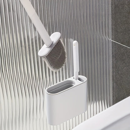Wall-Mounted Toilet Brush Set, Silicone-Headed Bathroom Cleaning Kit, Space-Saving Long Handle Toilet Cleaner, Ergonomic Design, with 2 Brushes & Holder, for No Electricity Needed, Ideal for Living Room, Bathroom, Toilet, Kit