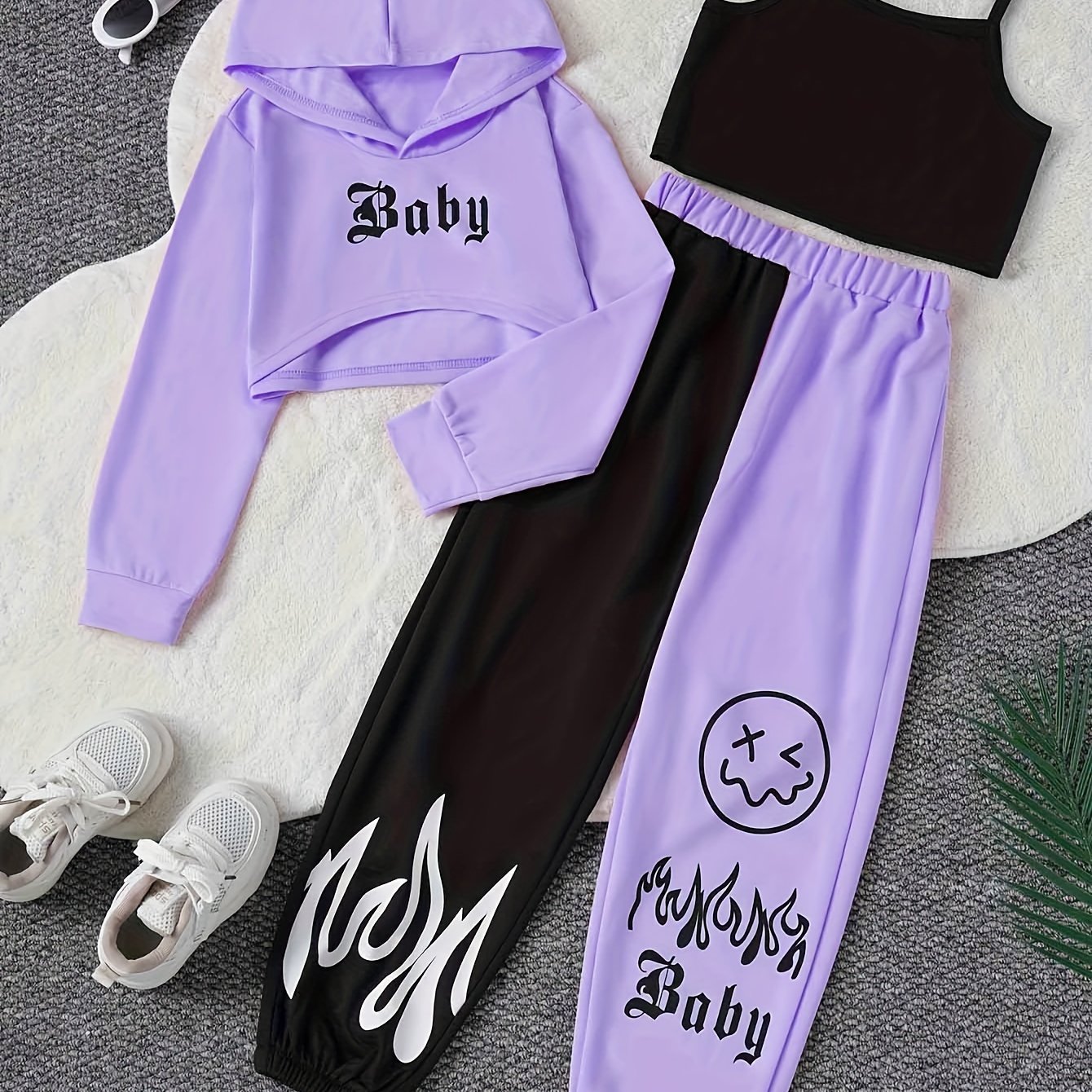 Color Clash 3pcs Girls casual outdoor clothing Set, Long Sleeve Crop Hoodie Top + Camisole + Trousers - Spring/Fall Clothes, Casual Outfit, Gift