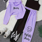 Color Clash 3pcs Girls casual outdoor clothing Set, Long Sleeve Crop Hoodie Top + Camisole + Trousers - Spring/Fall Clothes, Casual Outfit, Gift