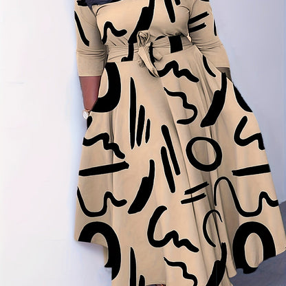 Elegant Women's Plus-Size Dress with Tie Waist, Casual Fashionable Long Sleeve Camouflage Print Knit Fabric with Pocket, X-Shape Fit, Round Neck, Straight Hem, No Bra Pad - Spring/Summer/Autumn