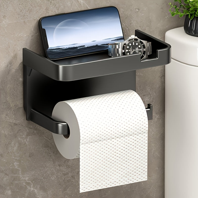 Space-Saving Self-Adhesive Toilet Paper Holder with Storage Shelf - Dual-Purpose Bathroom & Kitchen Organizer, Polished Finish