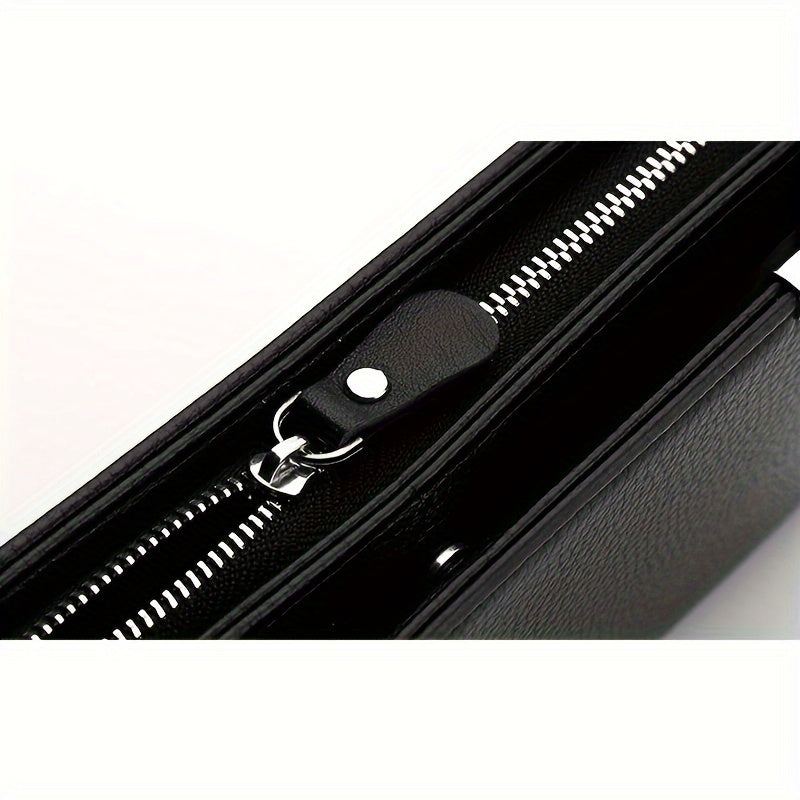 Elegant Black PU Leather Men's Wallet - Large Capacity Clutch with Zipper Closure, Color Block Design, Multiple Card Slots and Polyester Lining