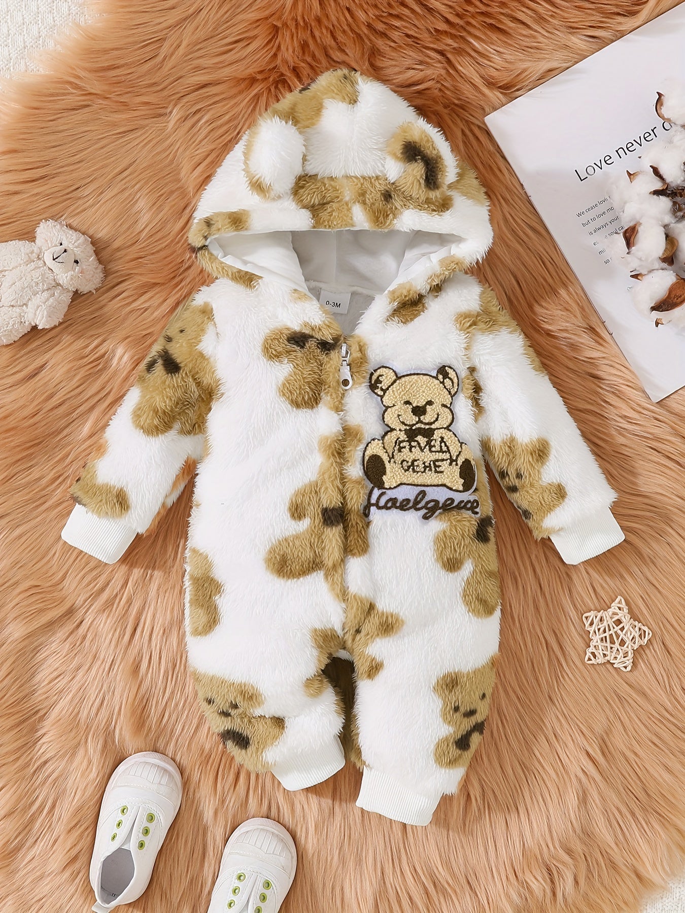 Baby's Bear Embroidery Warm Hooded Casual Long Sleeve Romper, Toddler & Infant Boy's Bodysuit For Fall Winter Outdoor Wear