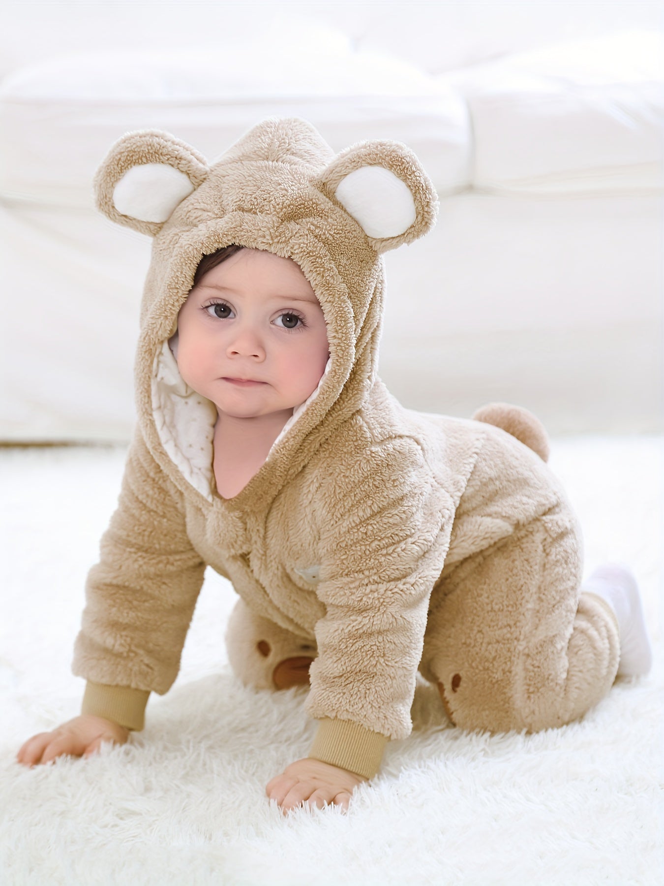 Bear Design Cute Hooded Jumpsuit For Baby Girls, Toddler Baby's Fleece Warm Long Sleeve Outdoor Outwear