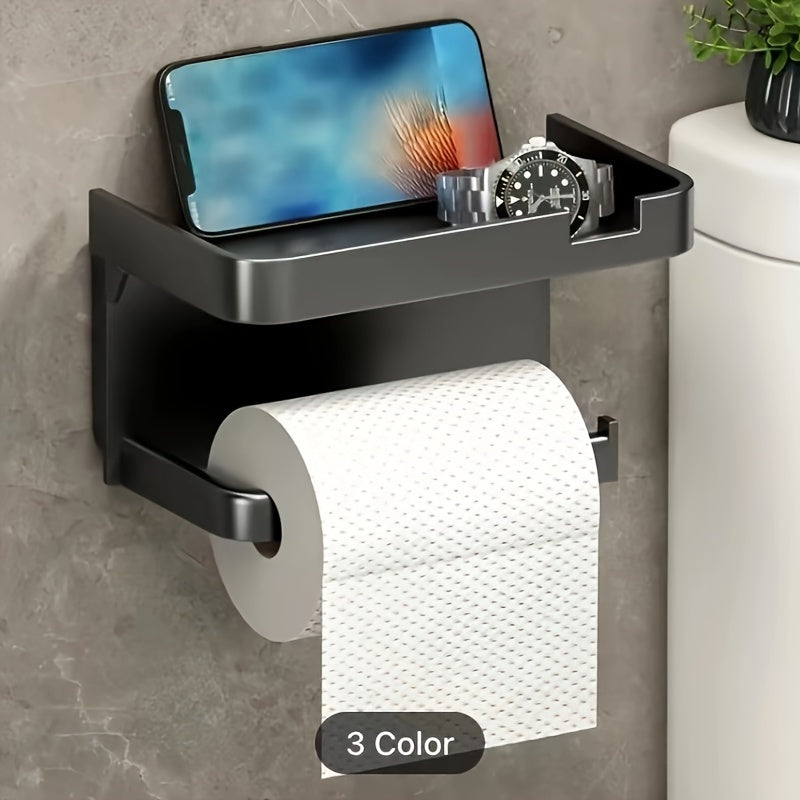 Portarrollos de papel higiénico de pared, fácil de instalar, sin taladros, con soporte para teléfono - Organizador de baño con acabado pulido