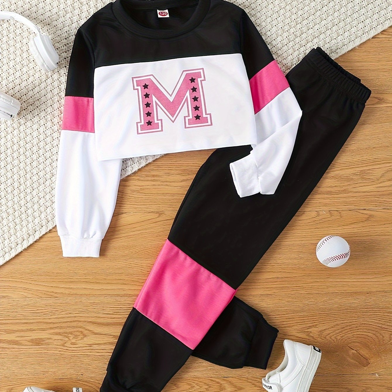 Youngsters's Spring and Autumn Style Letter Print Round Neck Short Long Sleeve Top and Color-Matching Spliced Long Pants Casual Two-Piece Set, Perfect for Outdoor