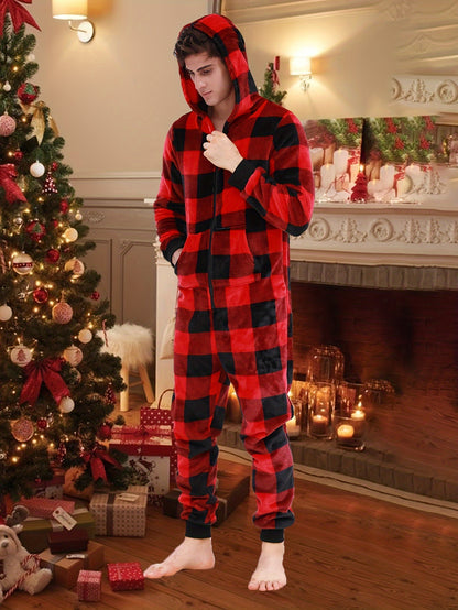 Cozy Men's Plaid Fleece-Lined Hooded Onesie Pajamas - Perfect for Fall/Winter, Machine Washable, Ideal for Halloween & Christmas