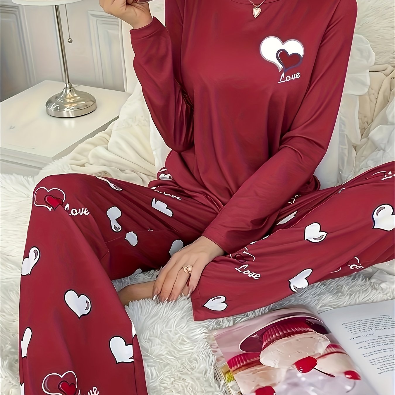 Cozy & Cute Women's Heart Pattern Pajama Set in Dark Gray - Long Sleeve & Pants, Round Neck, Soft Polyester Blend, Machine Washable Sleepwear for Autumn/Winter