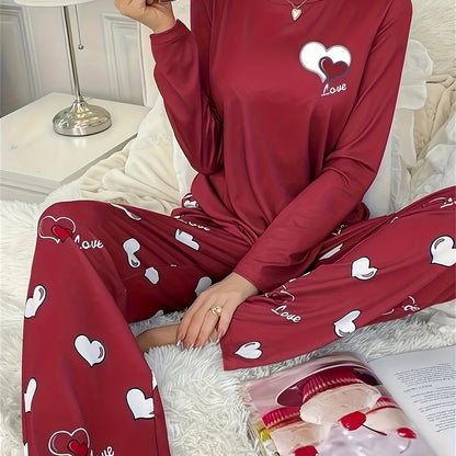 Cozy & Cute Women's Heart Pattern Pajama Set in Dark Gray - Long Sleeve & Pants, Round Neck, Soft Polyester Blend, Machine Washable Sleepwear for Autumn/Winter