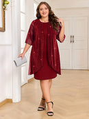 Plus Size - Elegant Plus Size Two-Piece Dress with Mesh Overlay - Navy Blue, Round Neck, Sleeveless, Flowy Design for Spring/Summer, Polyester Blend, Women'S Fashion, Plus Size Dresses