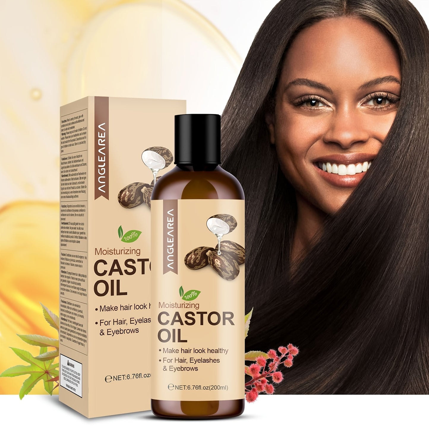 200ml/6.76fl.oz Castor Oil For Hair, Eyelashes & Eyebrows, Cold-Pressed Unrefined, Essential Oil For Dry Hair, Skin & Nail Care
