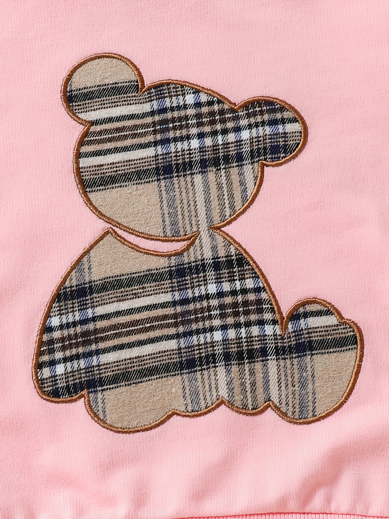 Adorable 2pcs Outfit For Toddler Girls &amp; Boys - Bear Embroidery Sweatshirt &amp; Splicing Pants! Outdoor Clothes