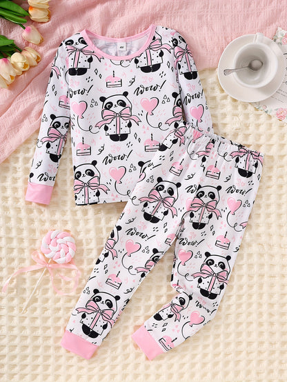 Autumn and Winter 2pcs Set for Girls, Cartoon Cute Panda Love Letters Cake Pattern Printed Round Neck Sweater, Long Sleeve with Drawstring and Elastic Pants, Casual and Comfortable Body-hugging Pajama Set