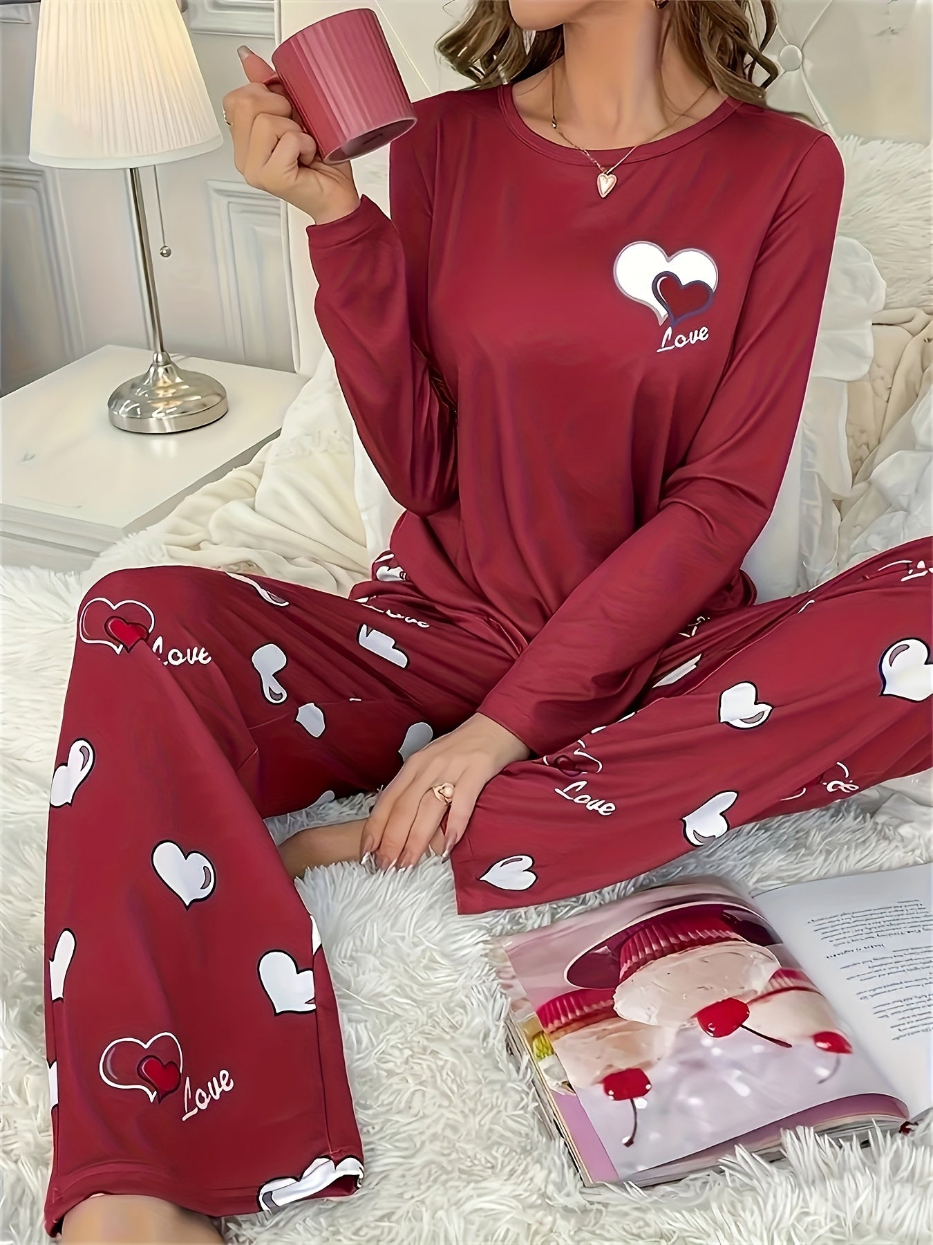 Cozy & Cute Women's Heart Pattern Pajama Set in Dark Gray - Long Sleeve & Pants, Round Neck, Soft Polyester Blend, Machine Washable Sleepwear for Autumn/Winter