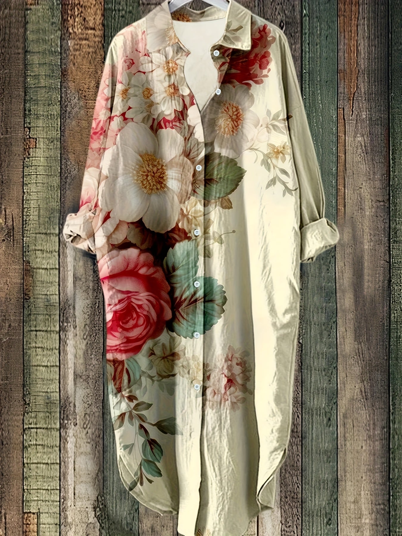 Plus Size - Elegant Floral Print Maxi Dress with Long Sleeves - Blue & White Floral Design, Button-Up Front, Casual Style for Women, All-Season Wear, Casual Summer Dress | Floral Print Dress | Nonstretch Fabric