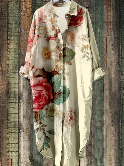 Plus Size - Elegant Floral Print Maxi Dress with Long Sleeves - Blue & White Floral Design, Button-Up Front, Casual Style for Women, All-Season Wear, Casual Summer Dress | Floral Print Dress | Nonstretch Fabric