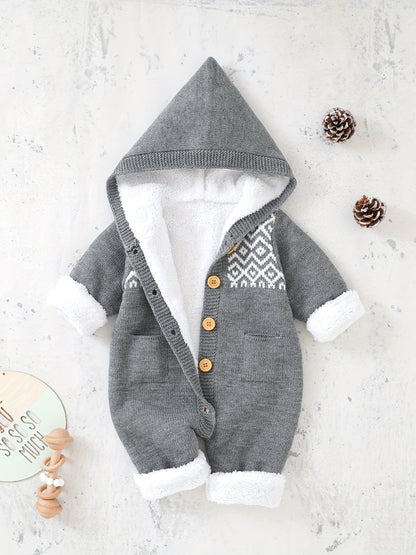 Newborn Boys And Girls Knitted Jumpsuit With Long Sleeve Hooded Pants Jumpsuit