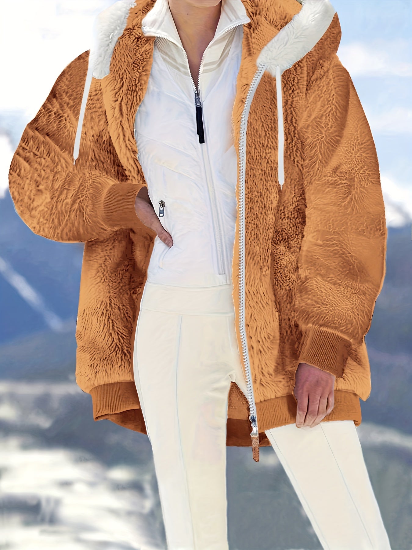 Plus Size Fuzzy Hooded Coat, Casual Long Sleeve Zipper Coat With Pockets, Women's Plus Size Clothing