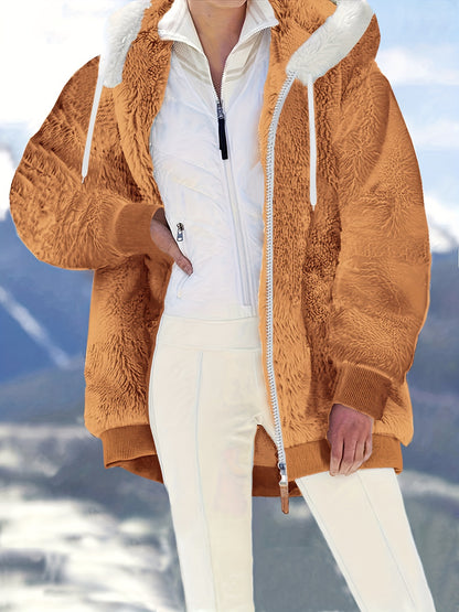 Plus Size Fuzzy Hooded Coat, Casual Long Sleeve Zipper Coat With Pockets, Women's Plus Size Clothing
