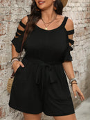 Plus Size Women's Elegant Off-Shoulder Jumpsuit - Stretchy Solid Black Romper with Round Neck, Short Sleeves & Waist Tie, Machine Washable Spring/Summer Casual to Dressy Outfit, Ladies Rompers And Jumpsuits, Seasonal Fashion,