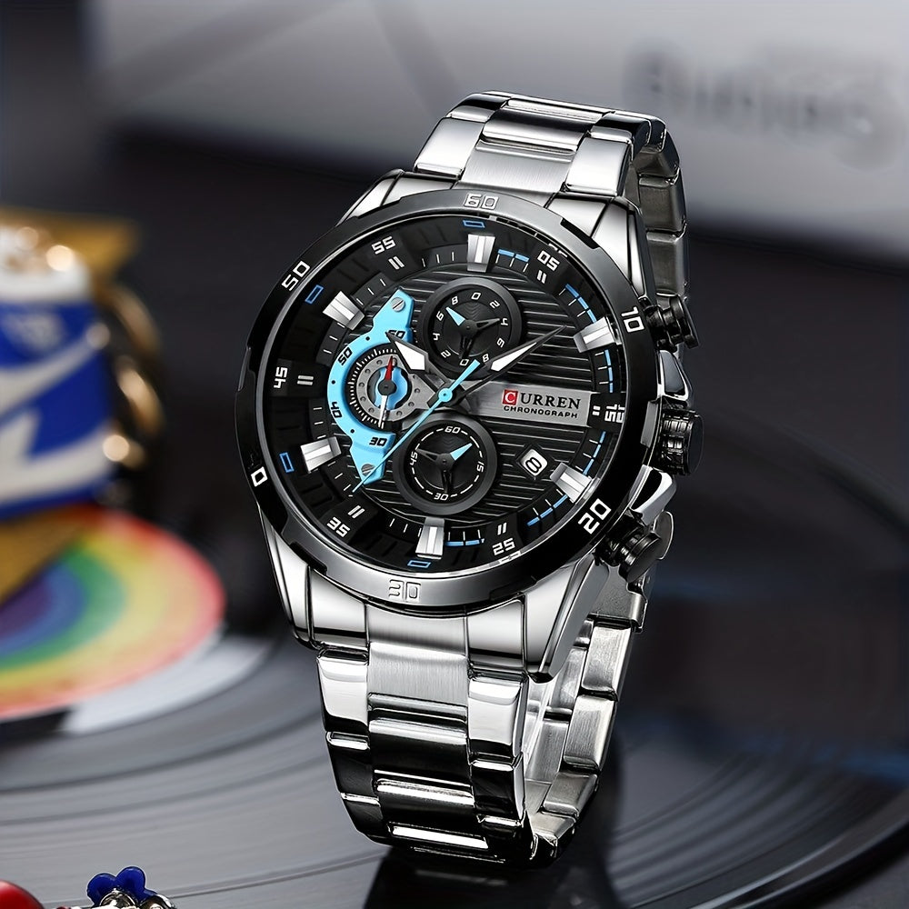 CURREN Reloj deportivo para hombre, cronógrafo multifuncional, puntero de acero inoxidable, reloj redondo
