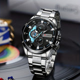 CURREN Reloj deportivo para hombre, cronógrafo multifuncional, puntero de acero inoxidable, reloj redondo