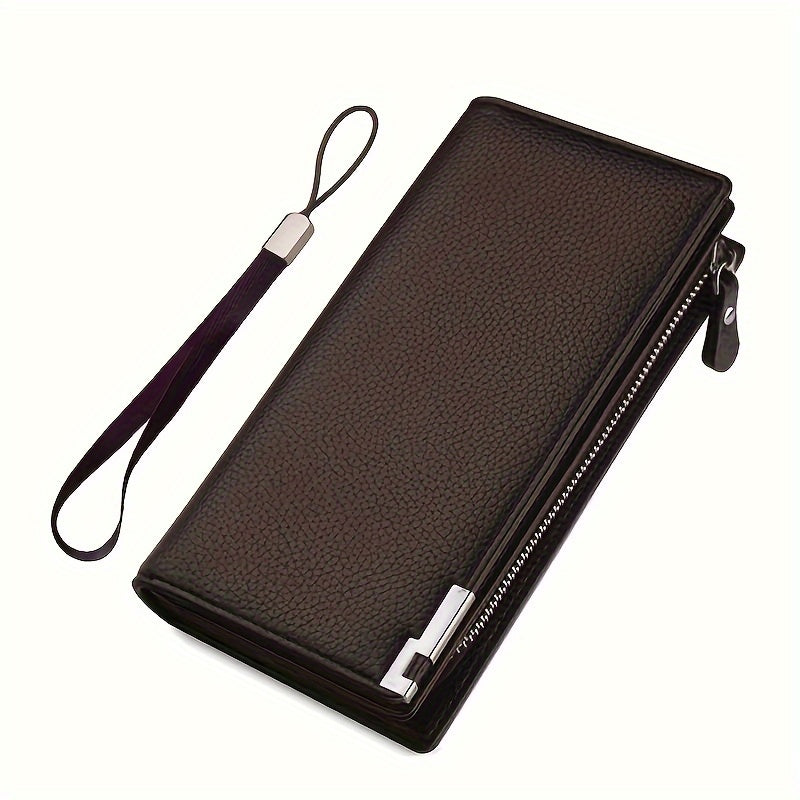 Elegante cartera para hombre de piel sintética negra: bolso de mano de gran capacidad con cierre de cremallera, diseño de bloques de color, múltiples ranuras para tarjetas y forro de poliéster