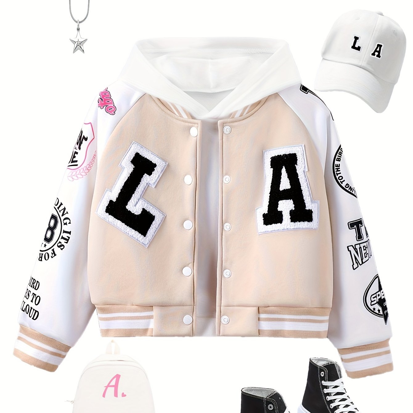 Alphabet LA Pattern Girl's Varsity Jacket, Raglan Color Block Thermal Lined Preppy Jacket Spring/ Fall Outerwear