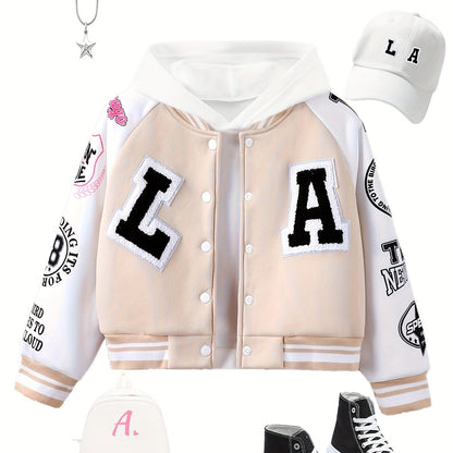 Alphabet LA Pattern Girl's Varsity Jacket, Raglan Color Block Thermal Lined Preppy Jacket Spring/ Fall Outerwear