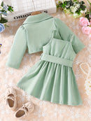 Baby Girls Fashion Button Long Sleeve Lapel Collar Coat + Bow Pleated Suspender Skirt Two-piece Set Outdoor Clothing