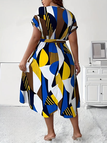 Vestido con estampado tropical y mangas murciélago, talla grande, escote en V, cintura con cinturón, poliéster ligero, lavable a máquina, ideal para vacaciones de verano. Vestidos de verano de talla grande.