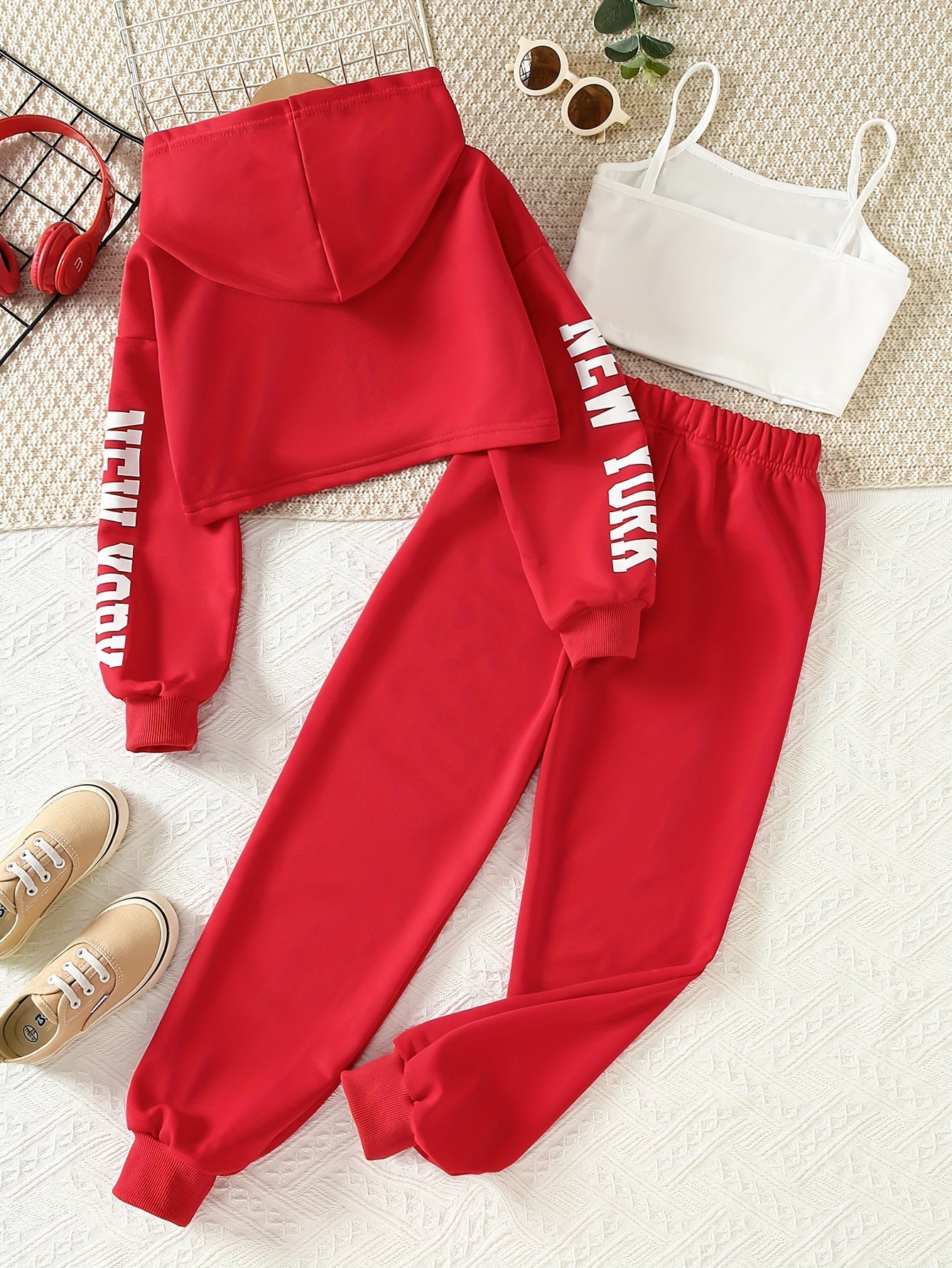 Girls' 3pcs Fashion Outfit, Short Hoodie and Tank Top with Athletic Pants Set, New York Print Casual Long Sleeve Top, Kids Spring/Summer/Autumn/Winter Clothing, Knitted Fabric, Stretchy, Letter Pattern, Regular Fit, Polyester