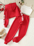 Girls' 3pcs Fashion Outfit, Short Hoodie and Tank Top with Athletic Pants Set, New York Print Casual Long Sleeve Top, Kids Spring/Summer/Autumn/Winter Clothing, Knitted Fabric, Stretchy, Letter Pattern, Regular Fit, Polyester