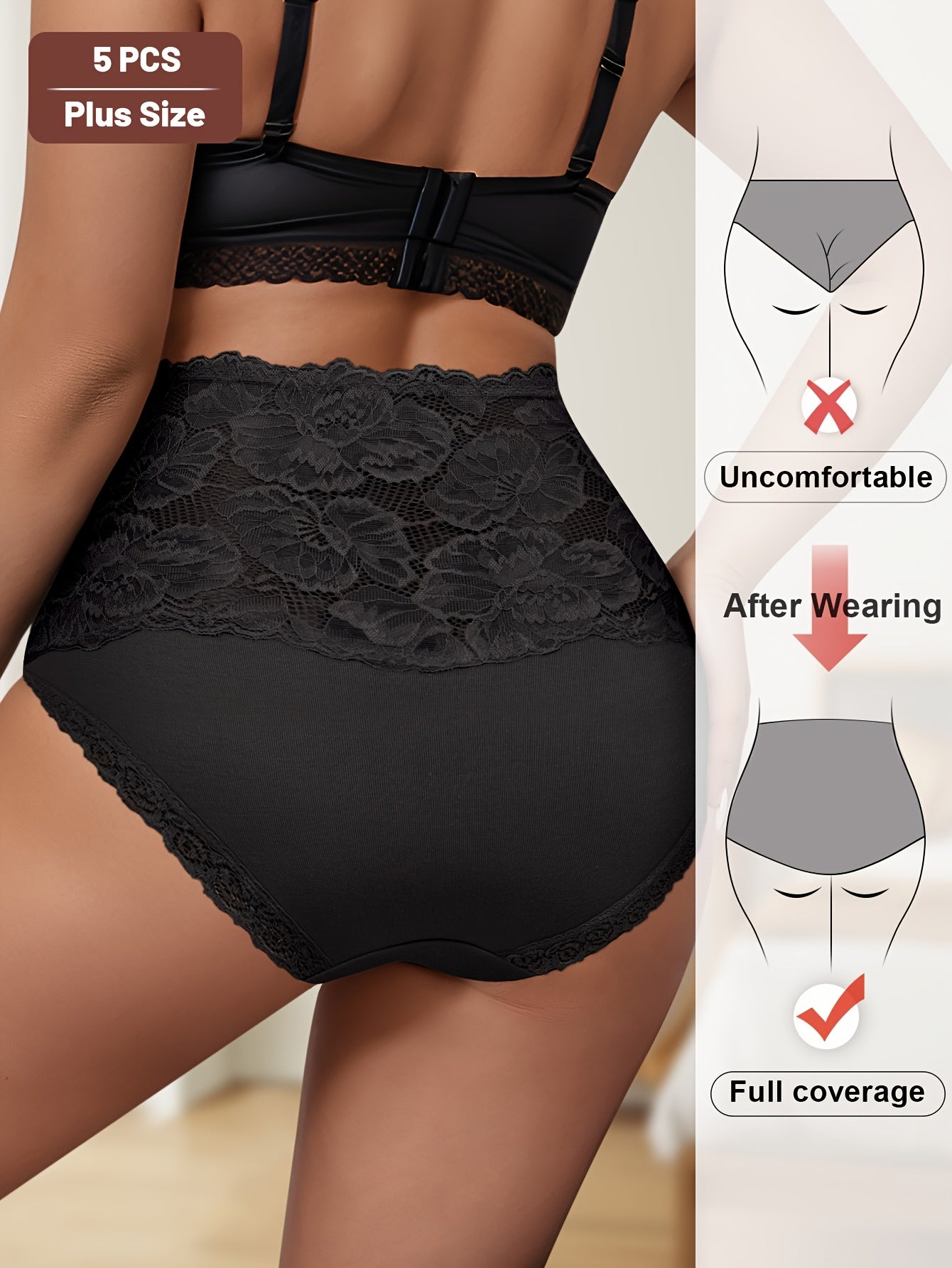 5-Pack MEIYATING Plus Size High-Waisted Tummy Control Briefs, Elegant Cotton Lace-Trimmed Floral Pattern, Medium Stretch Knit Fabric, Full Coverage Underwear for Women
