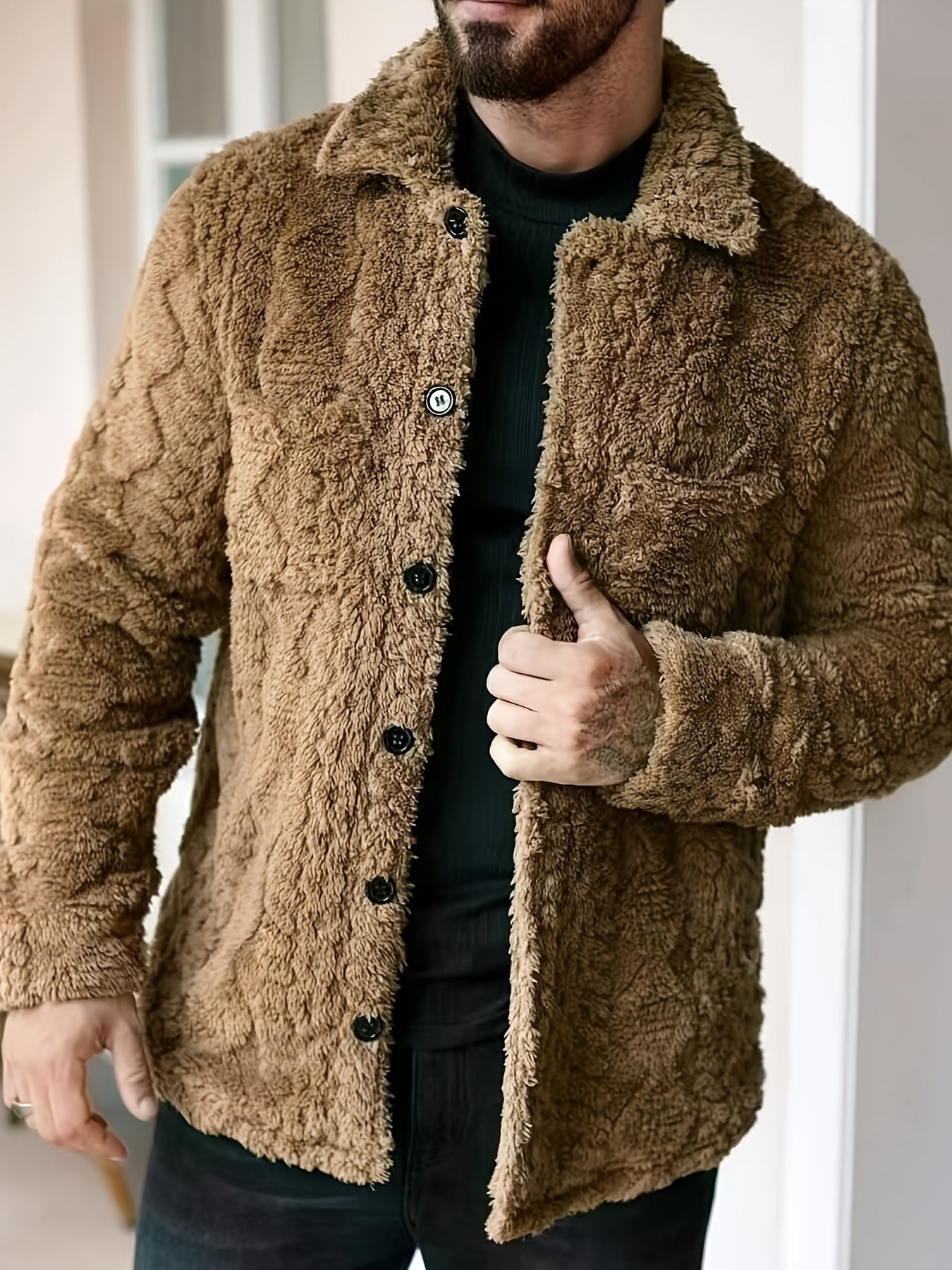 Men's Casual Solid Color Flannel Jacket - Cozy Polyester, Button-Up Outerwear with Pockets, Long Sleeves for Fall & Winter