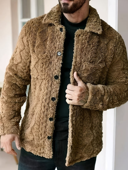 Men's Casual Solid Color Flannel Jacket - Cozy Polyester, Button-Up Outerwear with Pockets, Long Sleeves for Fall & Winter
