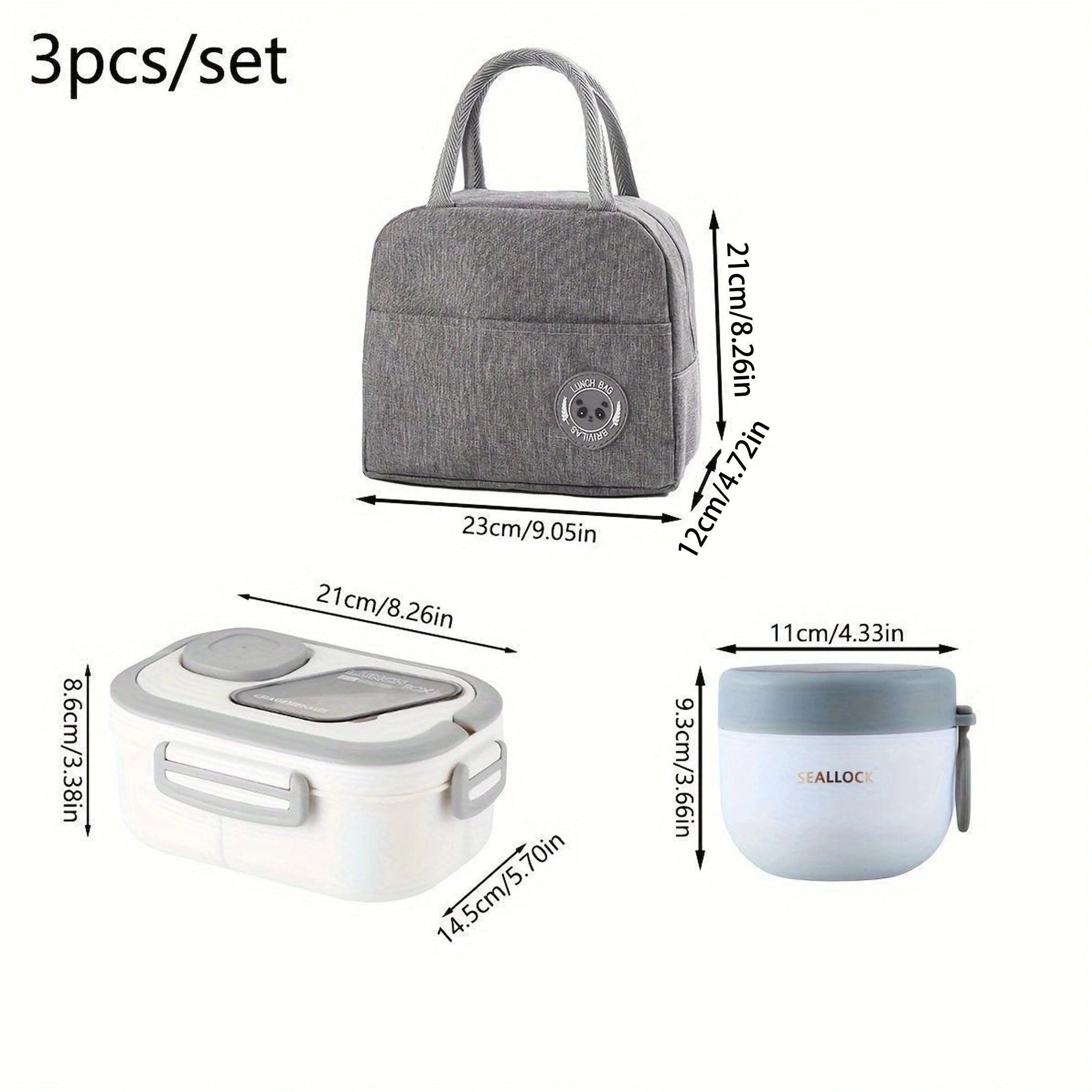 Juego de 3 loncheras portátiles: bolsa térmica, lonchera y taza de avena. Bolsa térmica plegable de aluminio con lonchera de polipropileno y taza de avena.