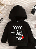 Conjunto de sudadera con capucha y pantalones de manga larga con estampado de letras "Love Dad and Mom" ​​de dos piezas para niños pequeños, ideal para exteriores.