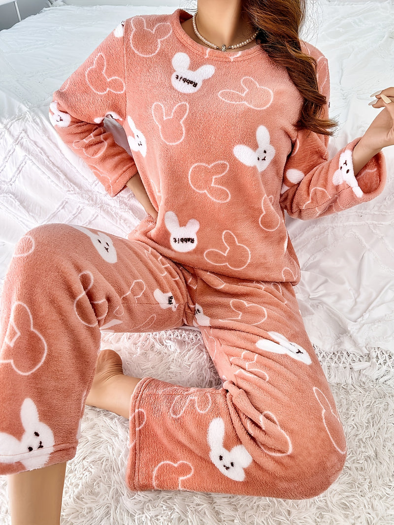 [Home Relaxation] Cozy & Warm Women's Fleece Pajama Set in Green with White Cartoon Rabbit Pattern - Soft Polyester, Anti-Static, Machine Washable - Elegant Home Loungewear with Round Neck Top & Pants for Fall/Winter, Plus Si