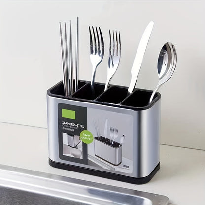 Stainless Steel Tableware Storage Box with 4 Separate Compartments, Anti-Slip Base and Removable Drip Tray - Rust Proof Kitchen Countertop Utensil Organizer