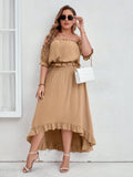 Plus Size Lettuce Trim Two-piece Skirt Set, Off Shoulder Short Sleeve Top &amp; Elastic Waist Skirts Outfits, Women's Plus Size Clothing
