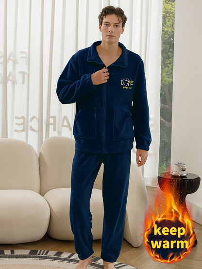 Conjunto de pijama de hombre con camiseta y pantalón de franela con bordado de letras, cuello alto, cremallera y manga larga para otoño e invierno.