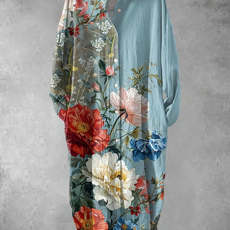 Plus Size - Elegant Floral Print Maxi Dress with Long Sleeves - Blue & White Floral Design, Button-Up Front, Casual Style for Women, All-Season Wear, Casual Summer Dress | Floral Print Dress | Nonstretch Fabric