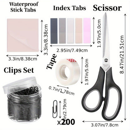 9 Pcs Office Supplies Bundle - Manual Desktop Stapler, Tape Dispenser, Scissors, Paper Clips Set, Binder Clips, Index Tabs &amp; Sticky Notes