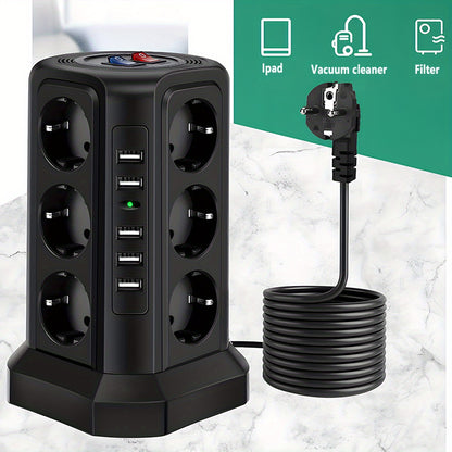 Tower Multi Power Strip Vertical EU Plug 12 Way Outlets Sockets With 5 USB Switch Multiple Vertical Power Strip 2 Switches Multi Socket Power Strip, Surge Protection And Short Circuit Protection