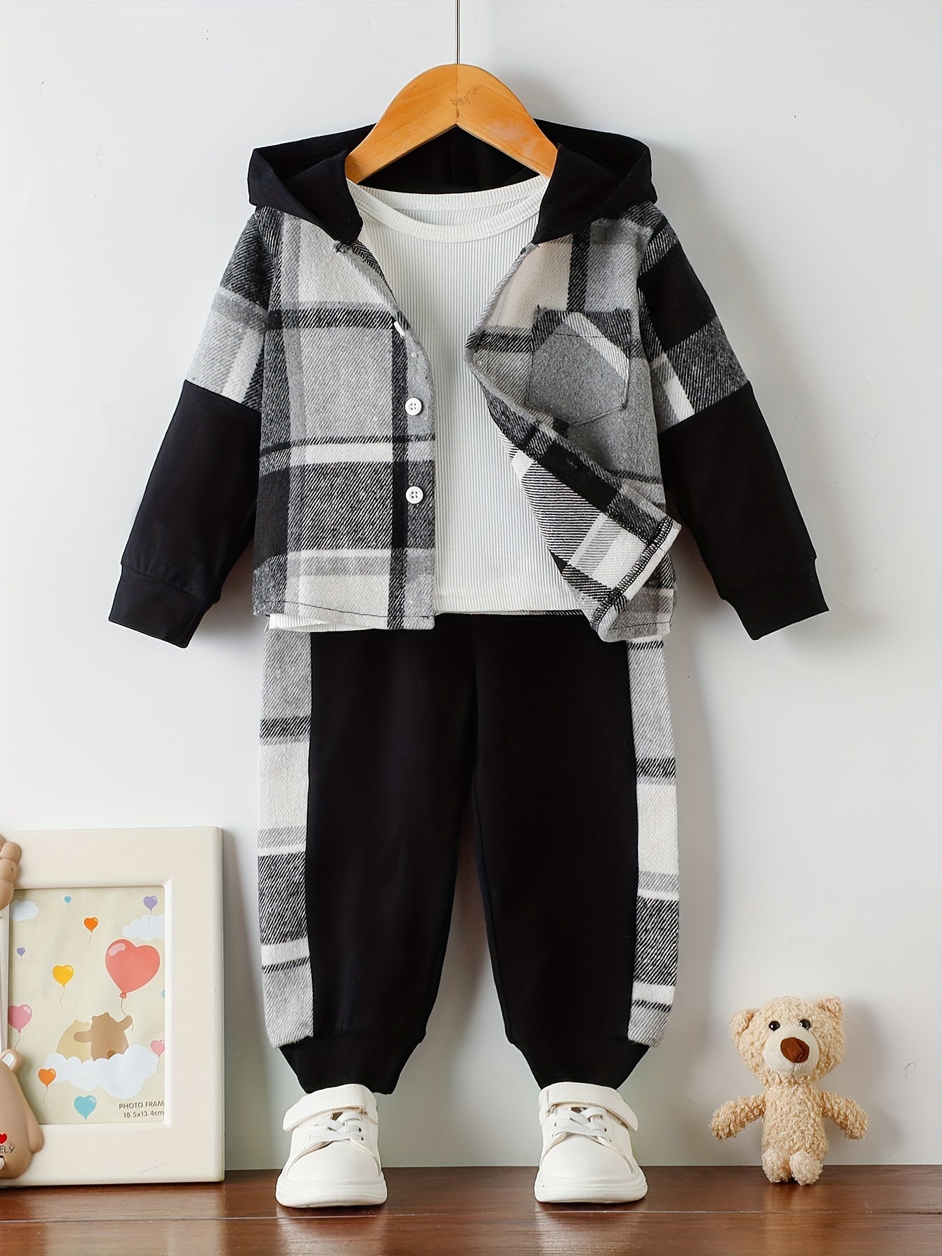 Conjunto informal de sudadera y pantalones de manga larga con capucha a cuadros para bebés y niños pequeños, para exteriores, invierno/otoño