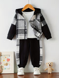 Conjunto informal de sudadera y pantalones de manga larga con capucha a cuadros para bebés y niños pequeños, para exteriores, invierno/otoño
